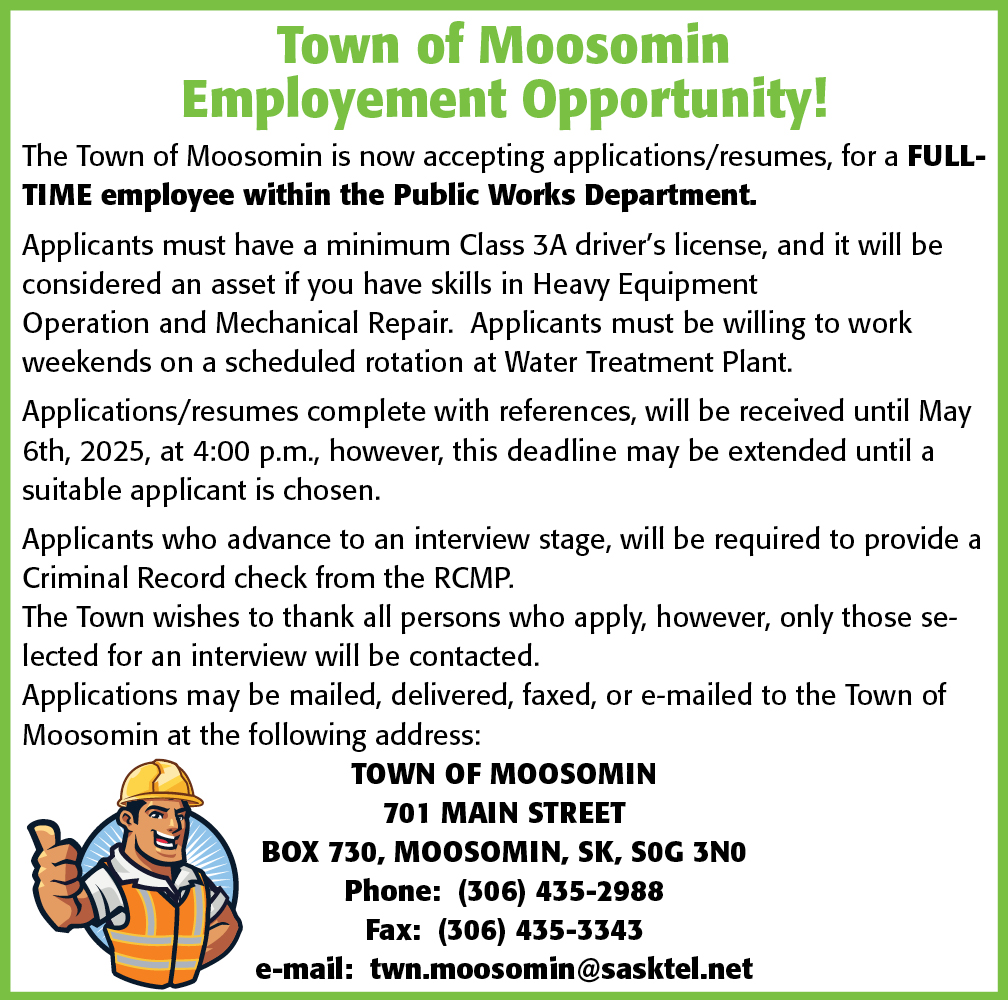 Town of Moosomin - Full-tTime Employee within the Public Works Department 